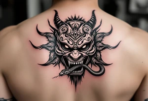 Purépecha style tattoo above   oni mask with a snake in its mouth tattoo idea