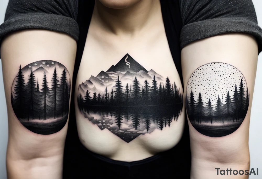 a forest along the edges where the mountains burn below and in the distance with full trees and emptiness in the middle tattoo idea