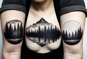 a forest along the edges where the mountains burn below and in the distance with full trees and emptiness in the middle tattoo idea