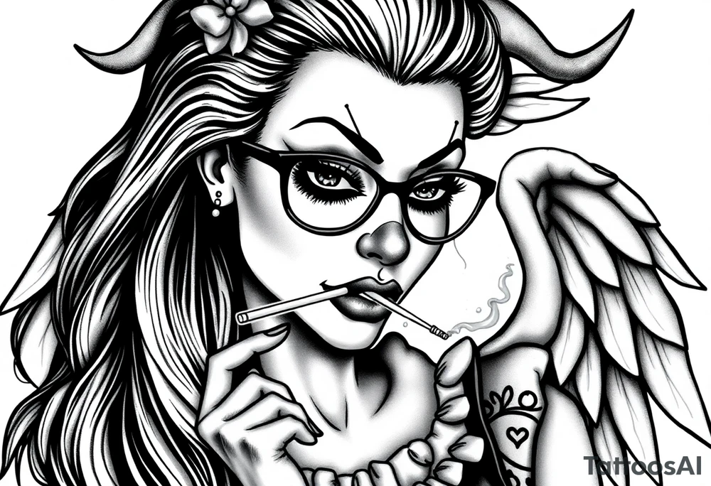 beautiful long hair pin up Clown Girl thug eyeglasses  angelic wings smoking a cigarette tattoo idea