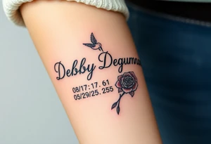 Tattoo of the exact name Debby Deguzman in chunky curly cursive with the exact dates of 08/17/61-05/29/25 surrounded by 1 hummingbird and 1 rose tattoo idea