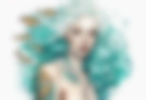 a tall albino woman made of water covered with fish scales with turquoise hair sitting upon a wave tattoo idea