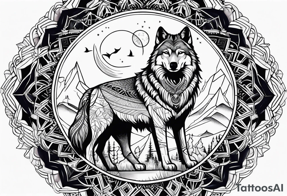 Forearm futuristic Mandala theme design with moon and wolves and arabic words tattoo idea