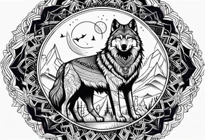 Forearm futuristic Mandala theme design with moon and wolves and arabic words tattoo idea