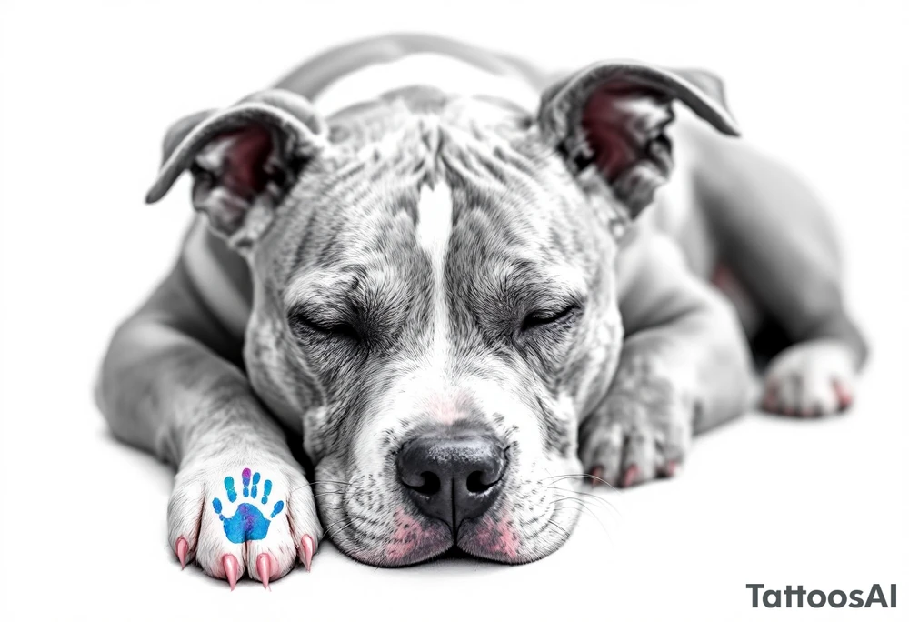 Staffbull with Child's Handprint
A peaceful Staffbull lying down with a small, colorful child’s handprint on its back or paw. Symbol of family and loyalty, done in grayscale with the handprint in soft watercolor tones (blue, pink, yellow). tattoo idea