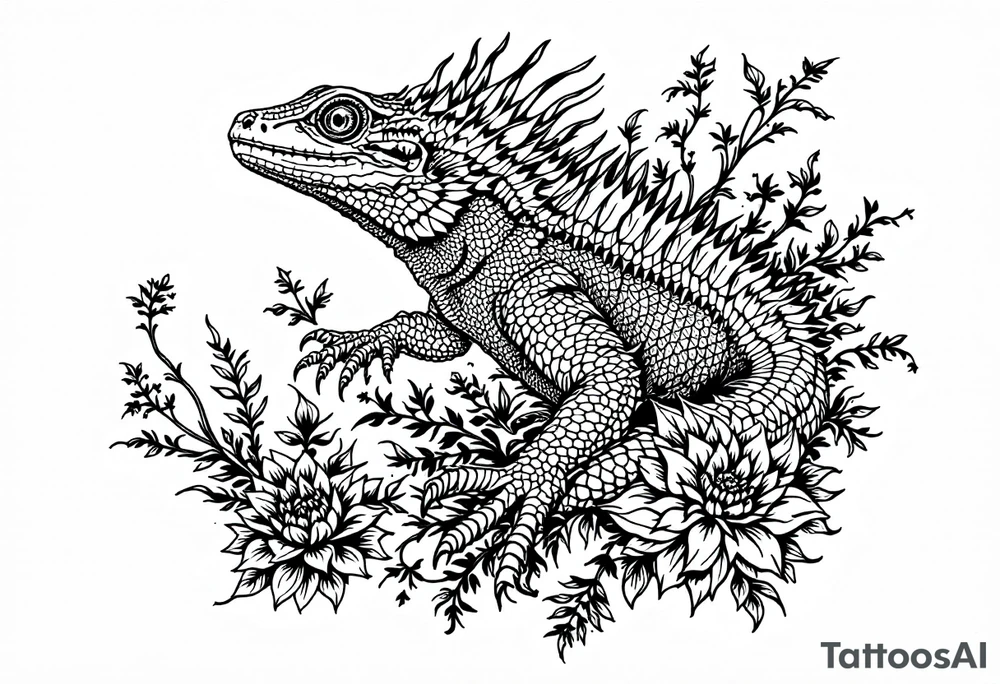 powerful majestic iguan, surrounded by floral ornaments tattoo idea