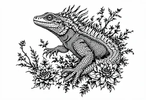 powerful majestic iguan, surrounded by floral ornaments tattoo idea