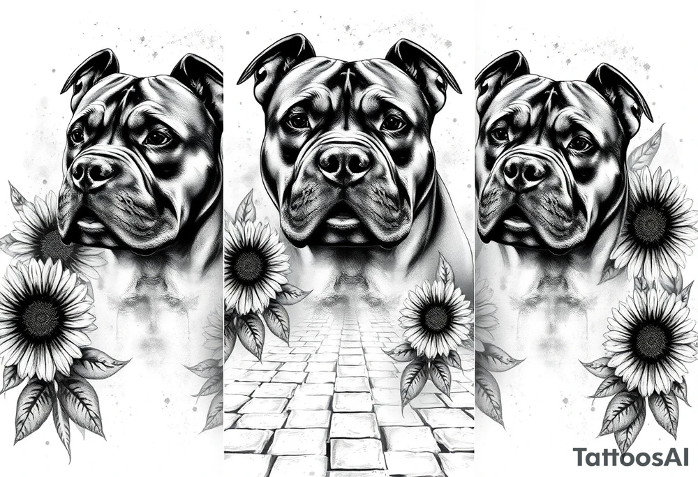 Three very thick muscled up pitbull portraits fading into the background as filler incorporate sunflowers, an old road made from pavers tattoo idea