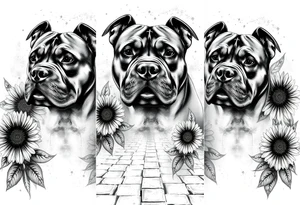 Three very thick muscled up pitbull portraits fading into the background as filler incorporate sunflowers, an old road made from pavers tattoo idea