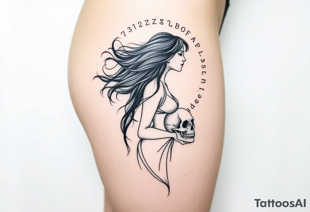 Woman in profile with hair blowing in a wind holding a skull.  Viking runes in the background tattoo idea