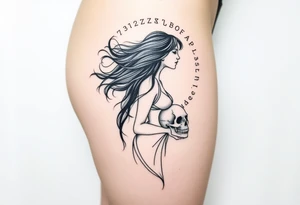 Woman in profile with hair blowing in a wind holding a skull.  Viking runes in the background tattoo idea