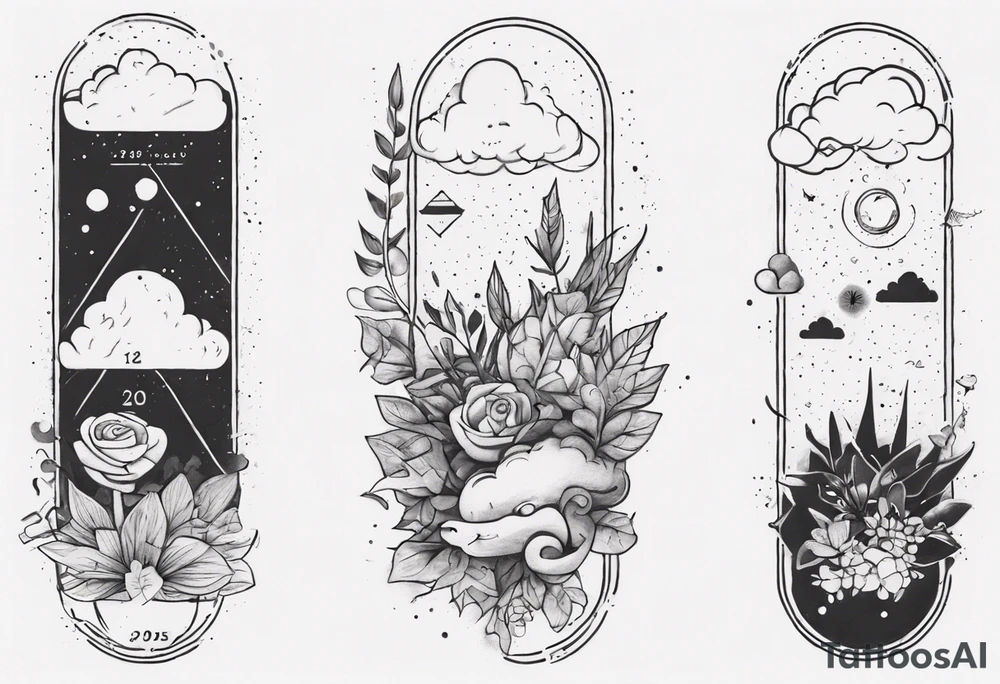 a forearm tattoo with a cloud with little plants and underneath it the date 12.08.05 tattoo idea