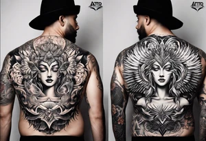 Men's chest tatto with two female psychedelic entities facing each other, meaning that only  their sides are visible. They are holding something which is positioned in the middle of the chest tattoo idea