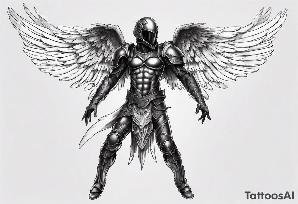 Side view of an black angel wearing inorganic armor that is in mid-air ready to attack tattoo idea