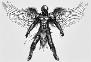 Side view of an black angel wearing inorganic armor that is in mid-air ready to attack tattoo idea