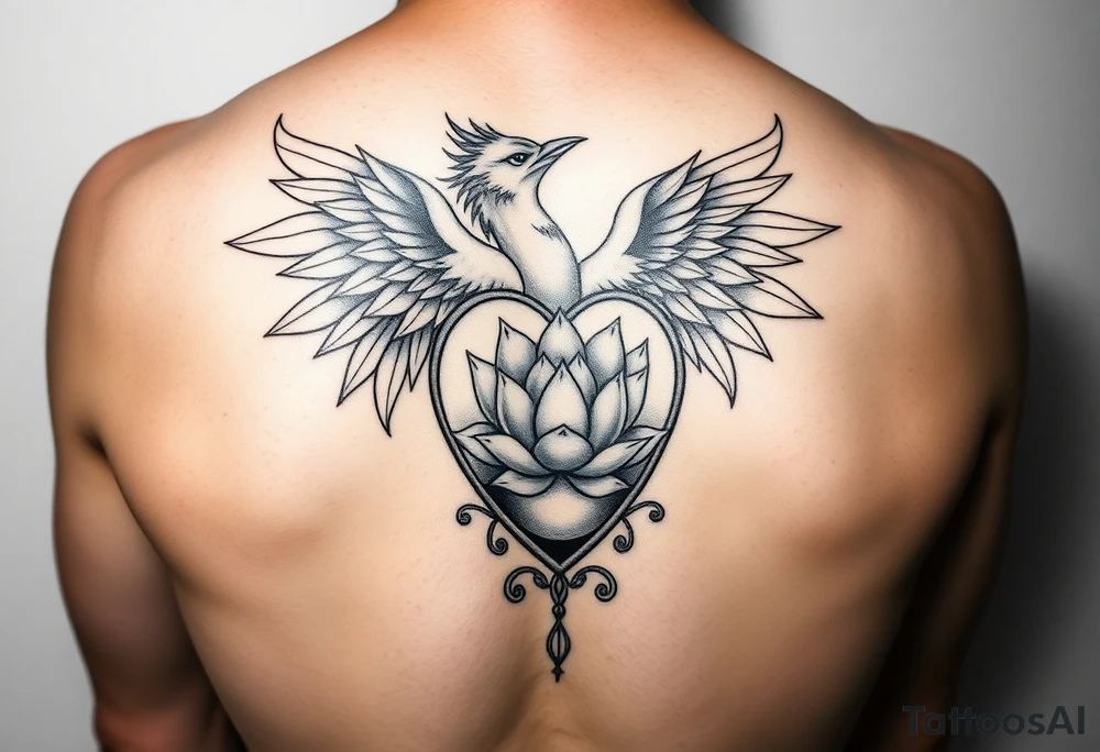 the phoenix and hour glass with lotus flower in kintsugi heart design tattoo idea