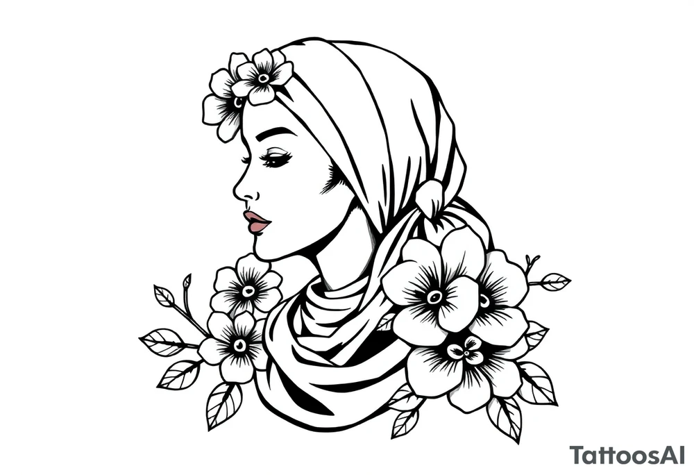 traditonal lady with head scarf with flowers tattoo idea