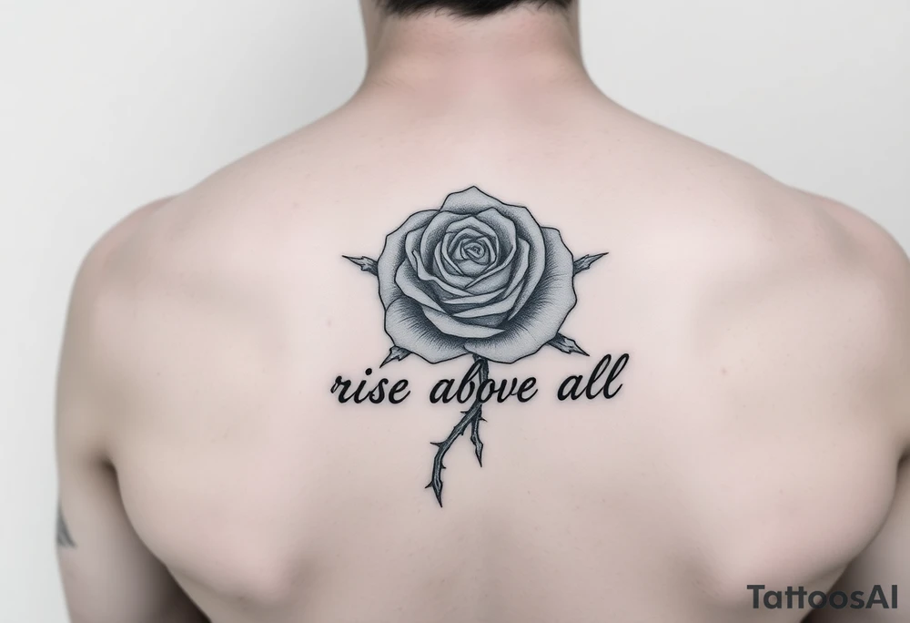 rose tattoo with thorns saying rise above all tattoo idea