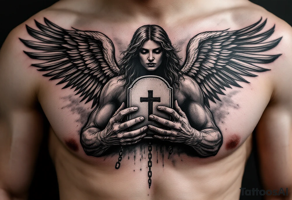 Angel hold headstone in hands with a cross chain hanging down with large wings tattoo idea