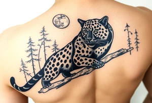 Black leopard in the woods with moon in sky tattoo idea
