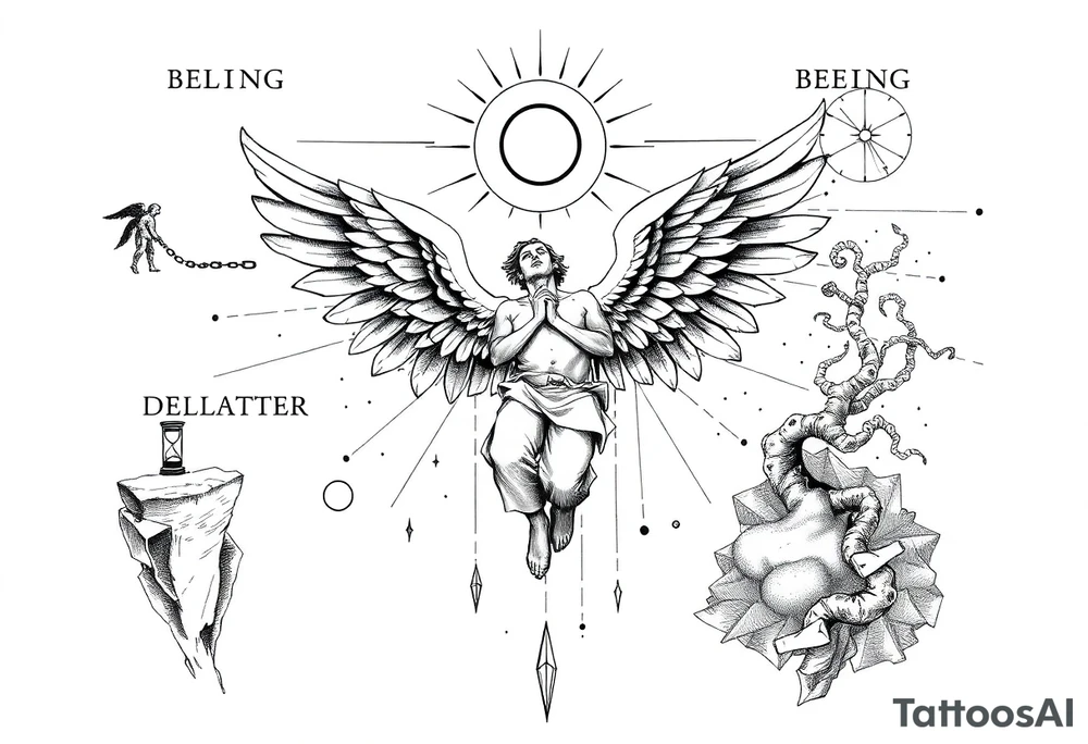 A detailed blackwork and fine line tattoo design, to be placed on a forearm, in the specific illustrative and dotwork engraving style. The central and most prominent element is a large, powerful illustration of a falling male angel with expansive, detailed wings, as depicted in the reference image. He is descending amidst abstract geometric lines and circles. Above him is a sunburst element with radiating lines and dots. The text "every fall is a chance to rise" is integrated around this central figure, split into two parts.
​Surrounding this centerpiece, the four key phases of life are interconnected:
​Upper Section (Framing the fall):
​To the left, "BEING ALONE" is symbolized by a solitary, cloaked figure on a cliff edge overlooking a void, with broken chains and a cracked hourglass.
​To the right, "BEING LOST" is depicted as a tangled forest of thorny vines and a stormy sea with a broken compass and a tattered map. The text "BEING ALONE" and "LOST" are included.
​Lower Section (Symbolizing the rise):
​Below the central geometric elements, "FINDING PURPOSE" is featured with a radiating lighthouse, a clear compass, and an illuminated scroll with symbols. The text "FINDING PURPOSE" is included.
​At the very bottom, "RISING AGAIN" is shown as a magnificent phoenix rising from flames, with balanced scales and a crowned figure ascending. The text "RISING AGAIN" is included.
​Style Notes:
​The entire tattoo is rendered in black ink only, using fine lines, deep black shading, cross-hatching, and extensive dotwork to create texture, depth, and a classic engraving feel.
​All elements are interconnected with subtle flowing lines, geometric patterns, and dotted pathways, creating a cohesive and powerful narrative around the central theme of falling and rising. tattoo idea