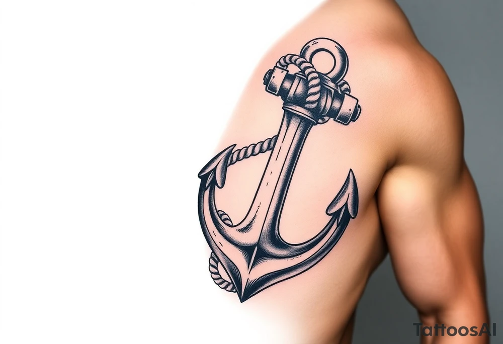 weathered anchor wrapped in nautical rope with sea waves tattoo idea