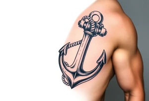 weathered anchor wrapped in nautical rope with sea waves tattoo idea