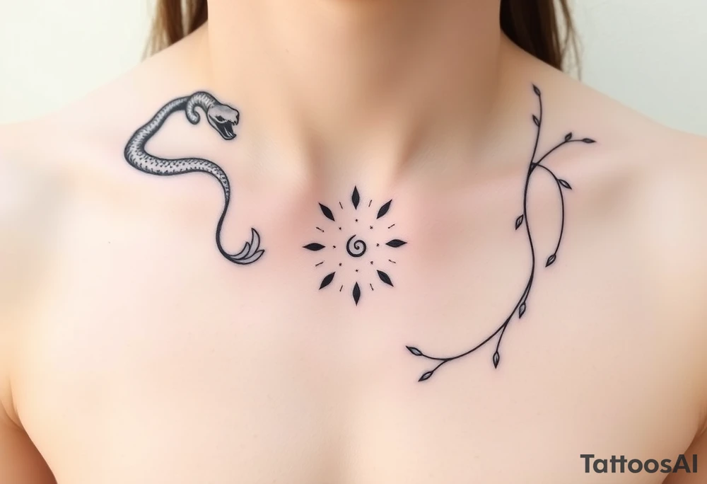 "Design a symbolic, artistic black-ink chest tattoo that spans both collarbones. On the left collarbone, depict a snake gracefully wrapped and coiled around the bone, its head resting near the center of the chest. From the snake’s mouth, instead of venom, delicate leaves are flowing outward — symbolizing letting go, surrender, and release. In the center of the chest, where the sternum lies, include subtle symbolic elements representing trust in the universe — like stars, a tiny spiral, or a soft sunburst — signifying alignment and faith. On the right collarbone, continue the story: flowing lines or abstract shapes that radiate resilience, strength, and hope — suggesting a journey or upward growth, like branches or a phoenix rising. The style should be elegant, fine-line, and minimalistic, yet deeply artistic and symbolic. The design should blend with the natural shape of the collarbones and sternum, evoking quiet power and inner transformation. Light skin tone, soft natural lighting." tattoo idea
