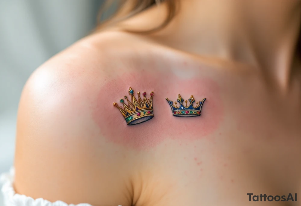 Gold-inked two royal queen and king crowns with tiny emerald and ruby details. tattoo idea