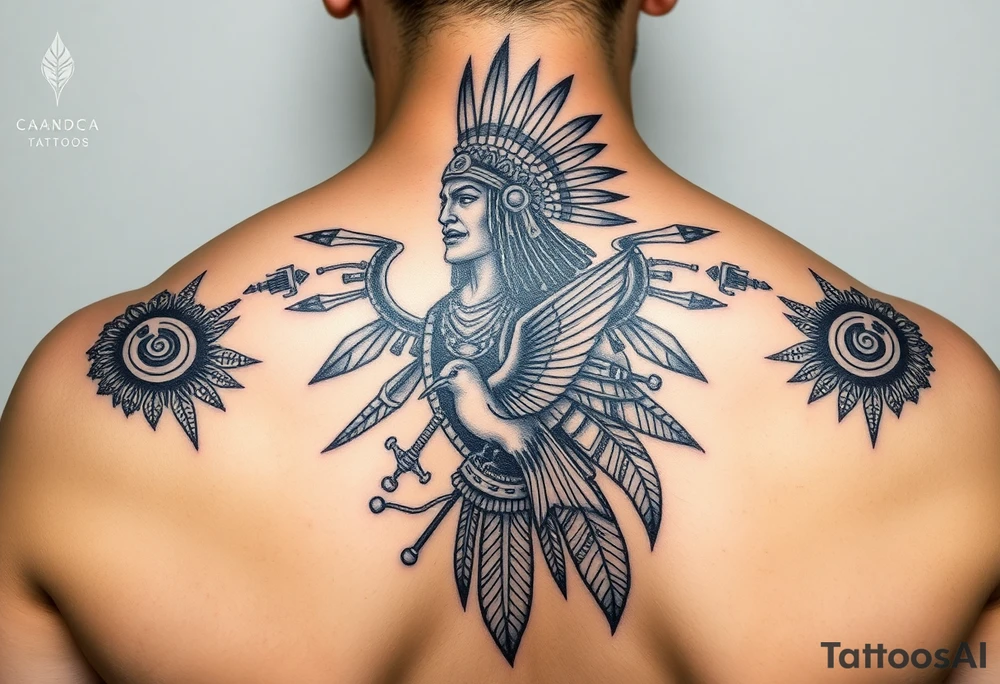 Purepecha warrior surrounded by purepecha symbols with hidden hummingbird tattoo idea