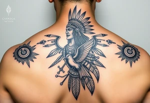 Purepecha warrior surrounded by purepecha symbols with hidden hummingbird tattoo idea