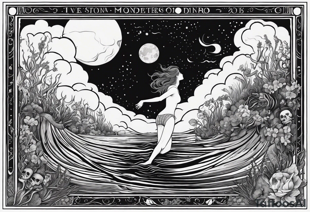 In a rectangle: woman underwater reaching up to the sky towards the sun. Under the water there is a layer of earth with Skeletons underground. “Momento Mori” written on the bottom of the rectangle and “Momento Vivere” written on the top of the rectangle tattoo idea