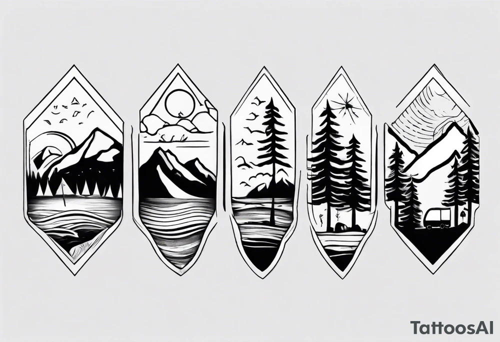 mountains, beach, waves, sunset, camping, trees tattoo idea mountains, beach, waves, sunset, camping, trees tattoo idea