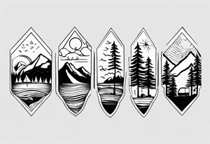 mountains, beach, waves, sunset, camping, trees tattoo idea
