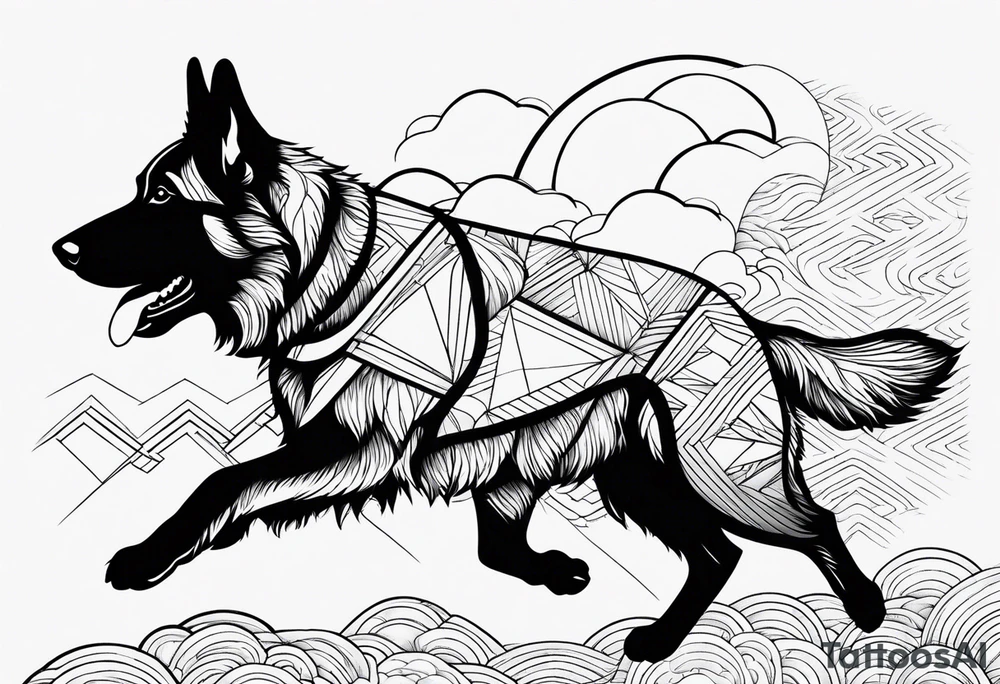 German Shepherd running into the clouds. tattoo idea