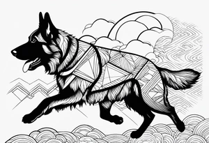 German Shepherd running into the clouds. tattoo idea