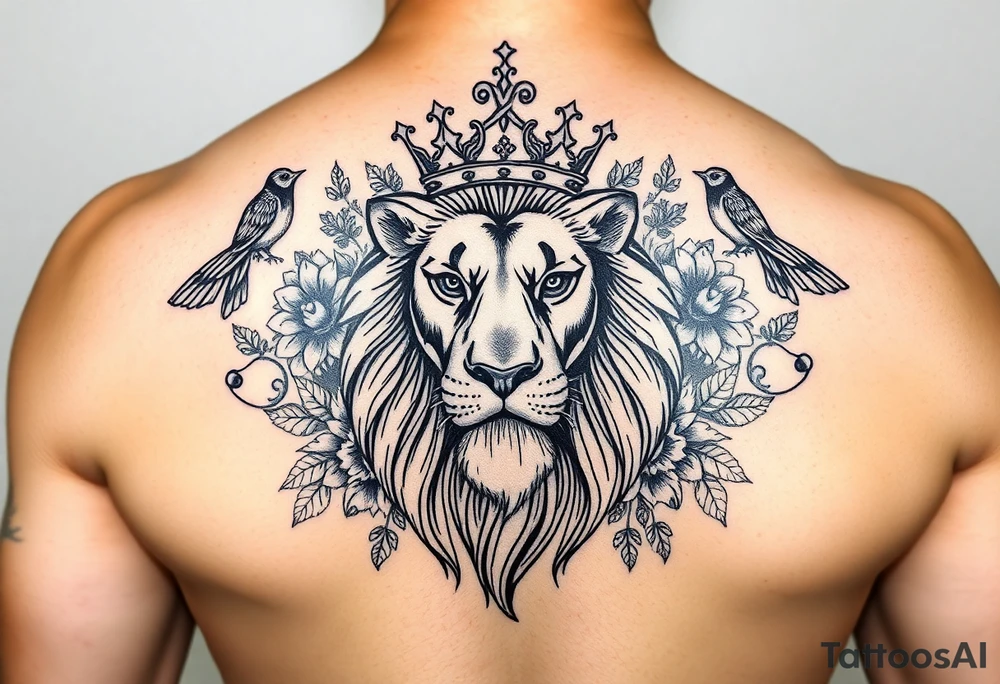 powerful majestic lion with a crown, surrounded by floral ornaments and birds tattoo idea