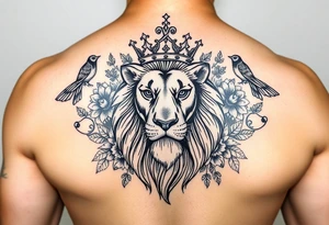 powerful majestic lion with a crown, surrounded by floral ornaments and birds tattoo idea