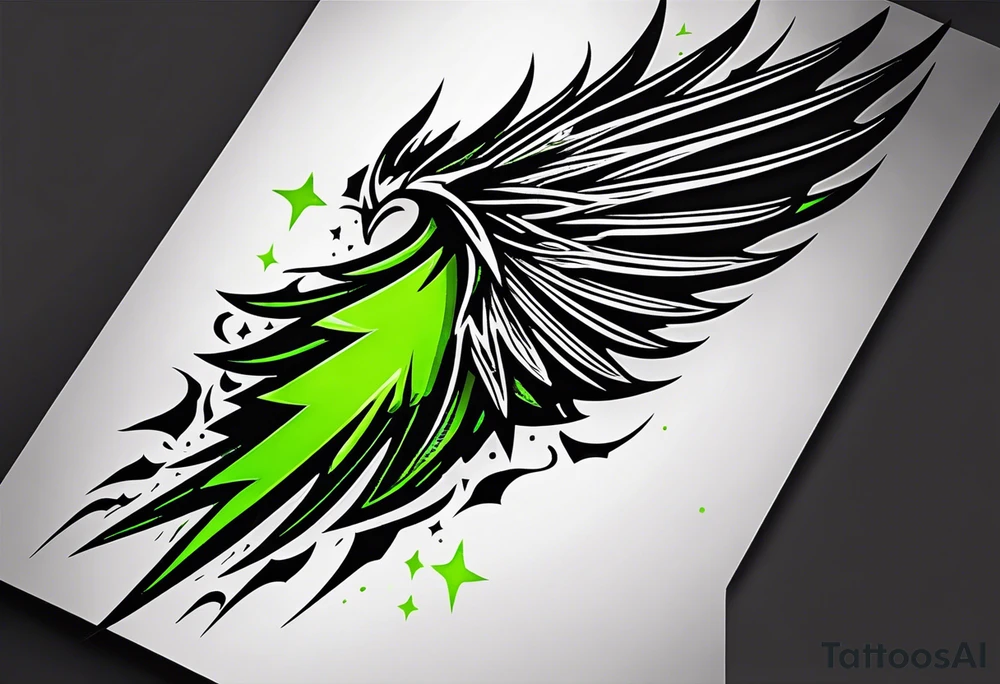 Forearm wing tattoo with streaks of neon green lightning going through/around it tattoo idea