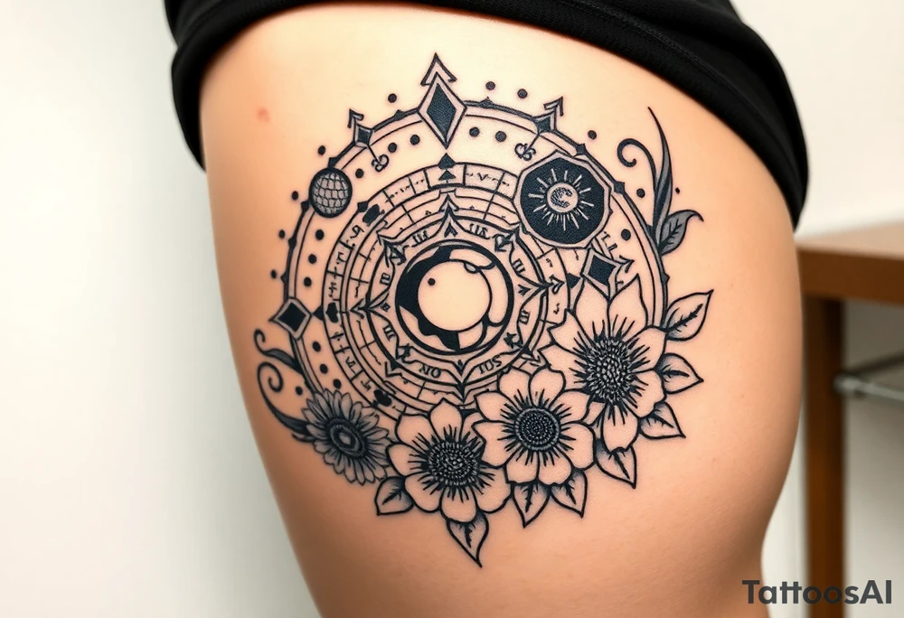 Milky way galaxy with planets with zodiac symbols and protection runes in it with tigerlillies roses and sunflowers tattoo idea