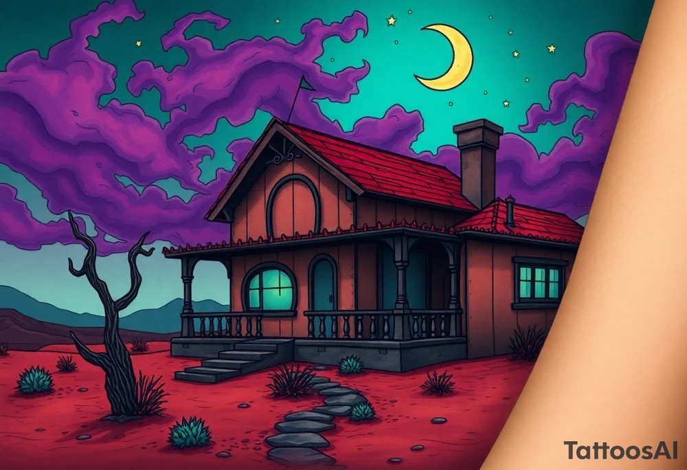Tim Burton’s haunted desert bungalow is abandoned and dripping with muted reds, dusty pinks, and eerie green glow.purple and cyan smokey clouds swirl in the crescent moonlit sky thats sprinkled with stars tattoo idea tattoo idea