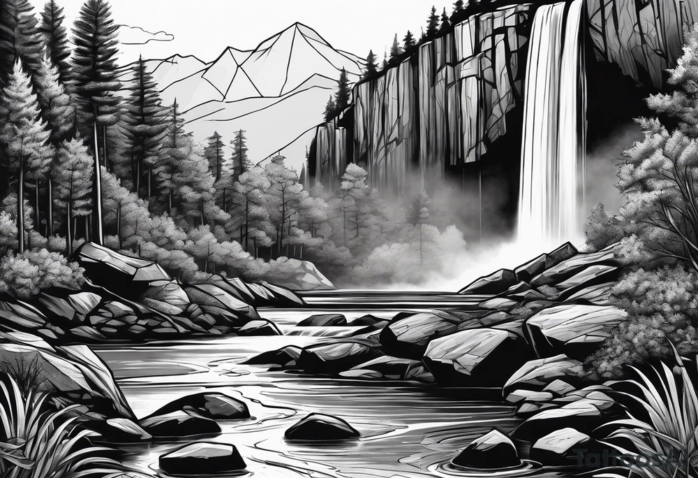 waterfall going into a river with a camp site in Australia tattoo idea