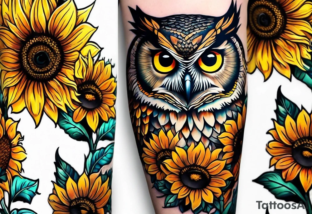 Arm sleeve with owl and sunflowers tattoo idea