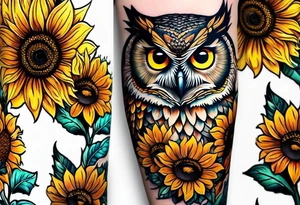 Arm sleeve with owl and sunflowers tattoo idea