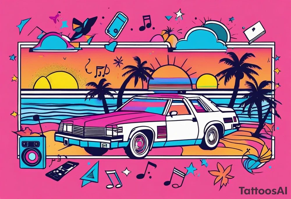 1980's miami vice style beach dance 
party, include confetti, music notes, boom box, bikinis sunset in the center tattoo idea