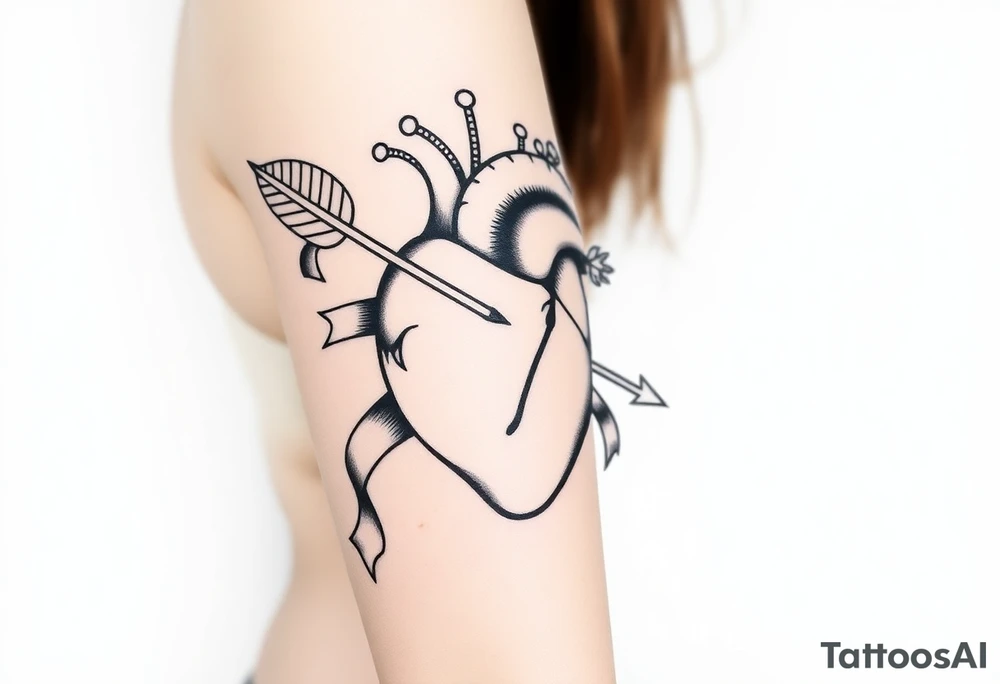 anatomical heart pierced by ornate arrow with flowing ribbons tattoo idea