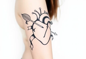 anatomical heart pierced by ornate arrow with flowing ribbons tattoo idea