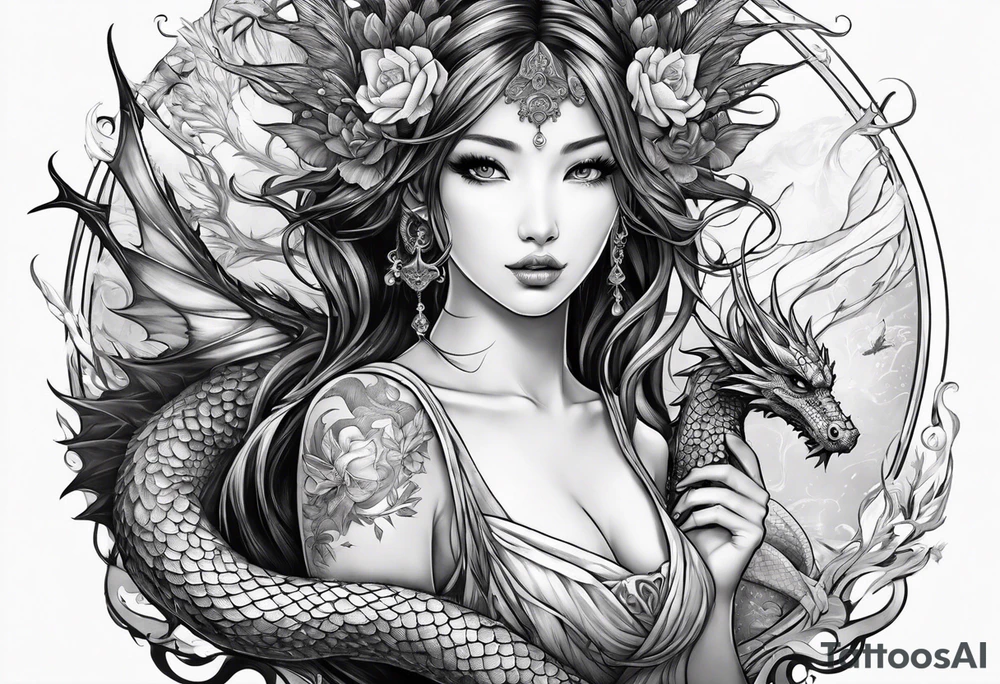 fairy nymph with a dragon friend tattoo idea