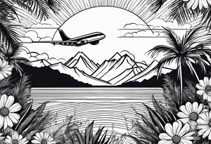 Daisies, palm tree and airplane anchor waves fireworks, mountain,  ski , sun 06, 09, 11, 716, 02072 tattoo idea