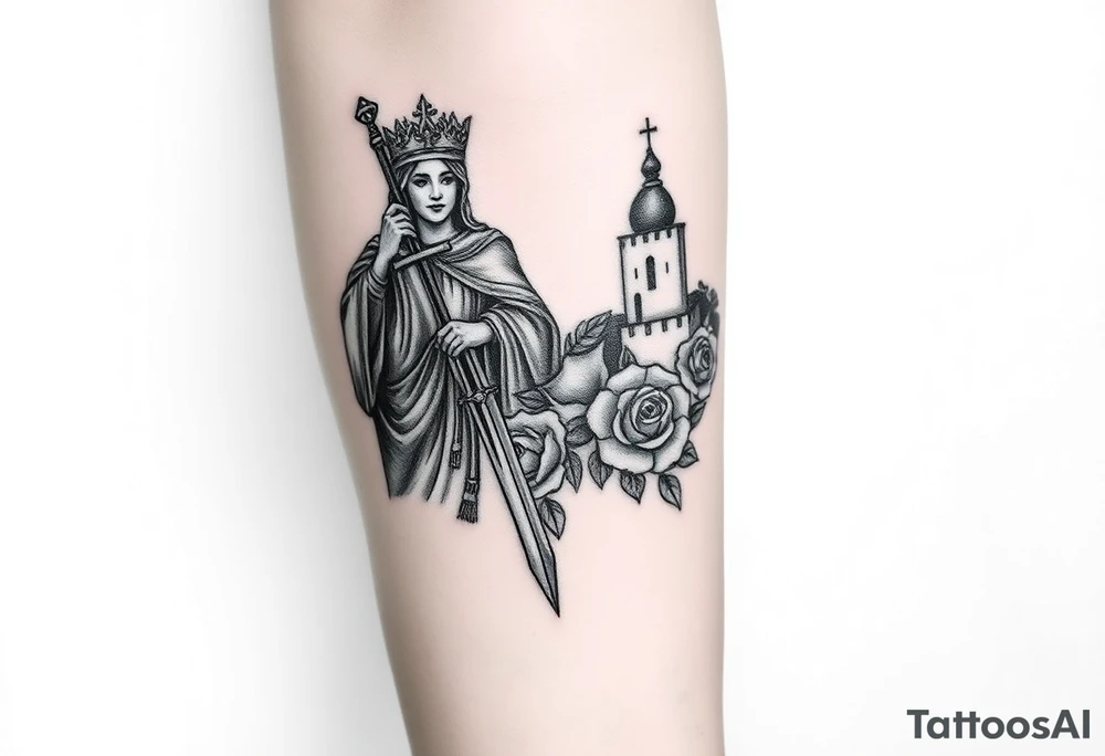 Saint Barbara carrying a sword detailed with a castle tower in the background, and roses tattoo idea